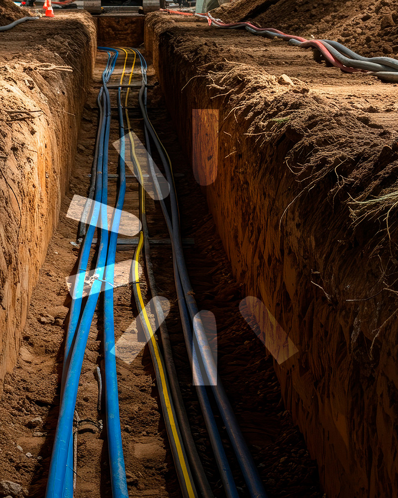 VECTOR-Lag Vacant construction site with cables in trench and a buffering symbol overlay